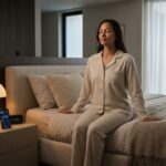 Person practicing 4-7-8 breathing on the edge of a bed at night with a bedside lamp and a sleep app visible on a phone