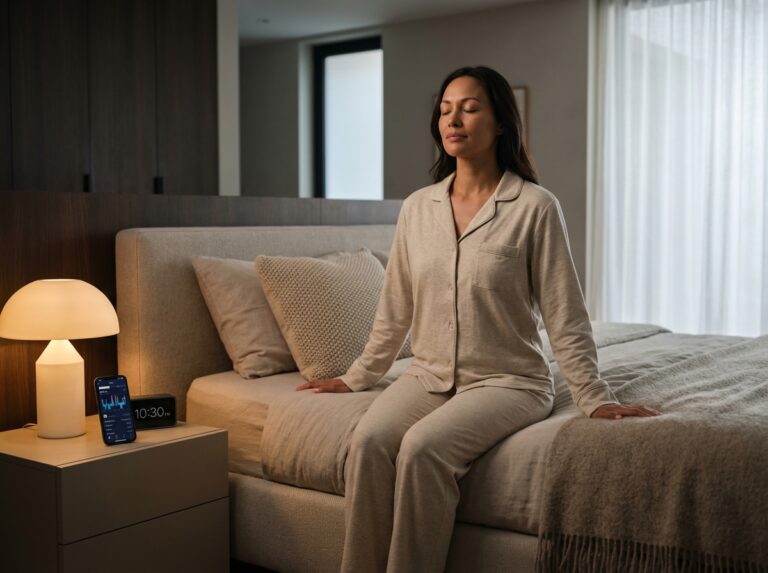 Person practicing 4-7-8 breathing on the edge of a bed at night with a bedside lamp and a sleep app visible on a phone
