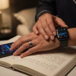 Close-up of a person’s hands wearing an Oura-style ring, an Apple-style smartwatch, and a Whoop-style band next to a smartphone showing sleep graphs, on a bedside table with a lamp and sleep diary.