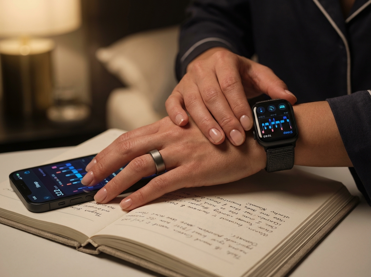 Close-up of a person’s hands wearing an Oura-style ring, an Apple-style smartwatch, and a Whoop-style band next to a smartphone showing sleep graphs, on a bedside table with a lamp and sleep diary.
