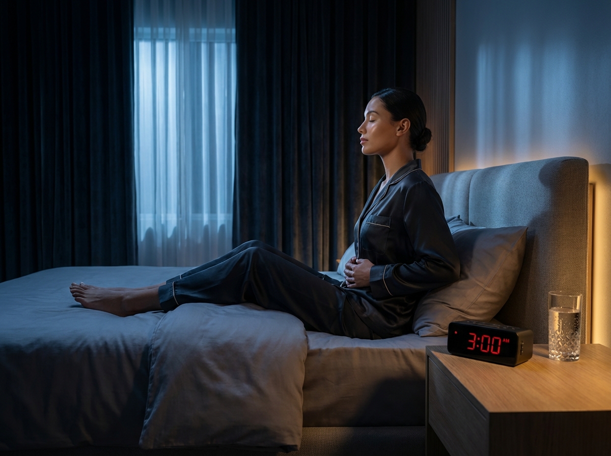 Person sitting calmly in a dim bedroom at 3:00 AM practicing breathing exercises to cope with middle‑of‑the‑night insomnia
