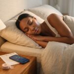 Adult sleeping on side with a small hypoallergenic tape strip over closed lips, bedside CBT-I app and sleep checklist visible