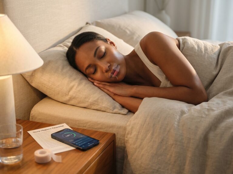 Adult sleeping on side with a small hypoallergenic tape strip over closed lips, bedside CBT-I app and sleep checklist visible