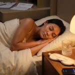 Person sleeping peacefully with a small hypoallergenic mouth strip in a cozy bedroom, bedside items and a blurred medical referral in the background