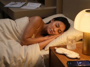 Person sleeping peacefully with a small hypoallergenic mouth strip in a cozy bedroom, bedside items and a blurred medical referral in the background