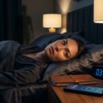 Person lying awake and immobilized in bed at night staring at ceiling with dim lamp and faint shadow figure suggesting a hallucination