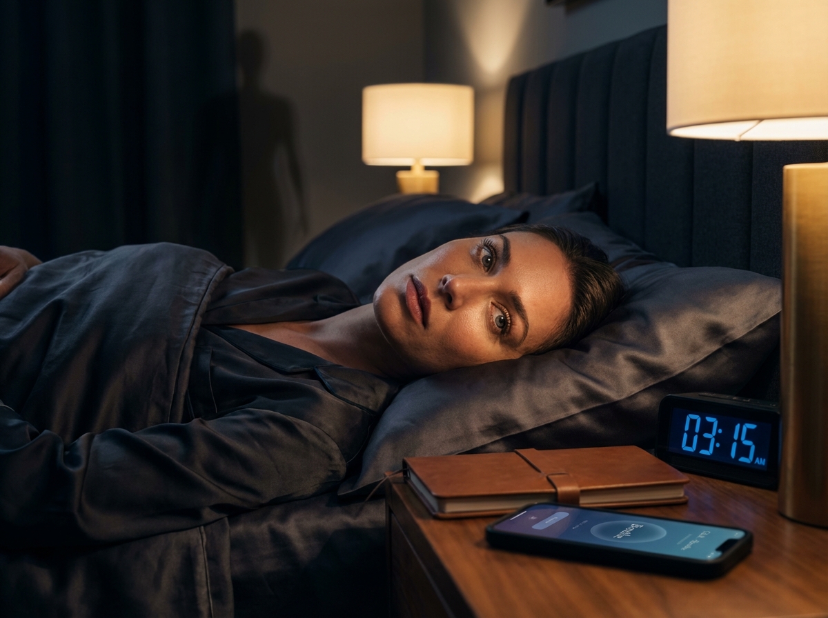 Person lying awake and immobilized in bed at night staring at ceiling with dim lamp and faint shadow figure suggesting a hallucination