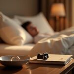 Bedside nightstand with Oura ring, Apple Watch, and Whoop strap next to a CBT-I notebook and a sleeping person blurred in the background, warm evening lighting