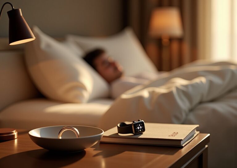 Bedside nightstand with Oura ring, Apple Watch, and Whoop strap next to a CBT-I notebook and a sleeping person blurred in the background, warm evening lighting