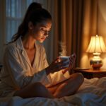 Person sitting awake in bed late at night with phone and mug, clock showing late hour, warm bedside lamp