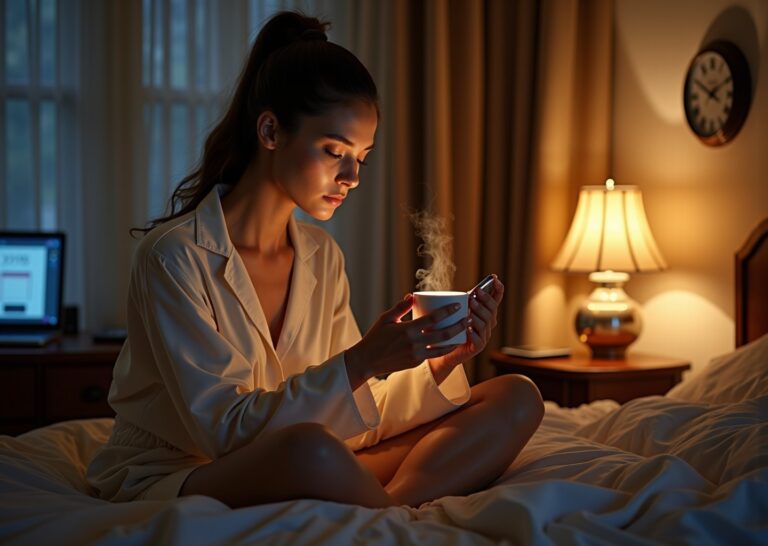 Person sitting awake in bed late at night with phone and mug, clock showing late hour, warm bedside lamp