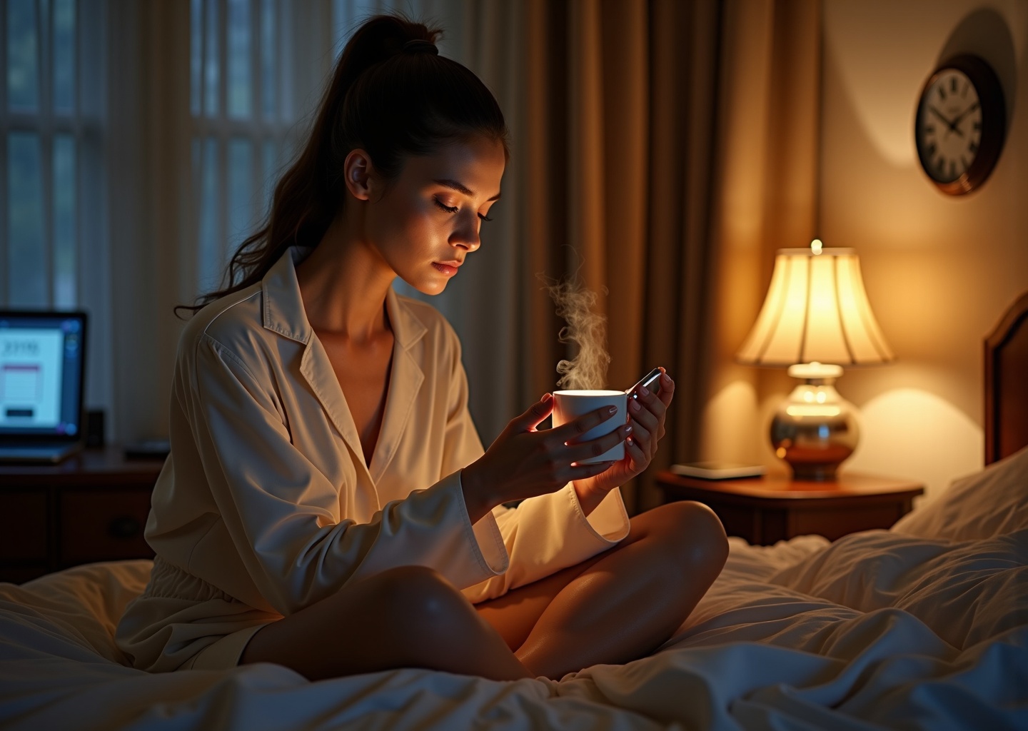 Person sitting awake in bed late at night with phone and mug, clock showing late hour, warm bedside lamp