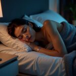 Adult sleeping peacefully under a charcoal weighted blanket in a calm, dimly lit bedroom with a CBT-I workbook and sleep app visible on the bedside table