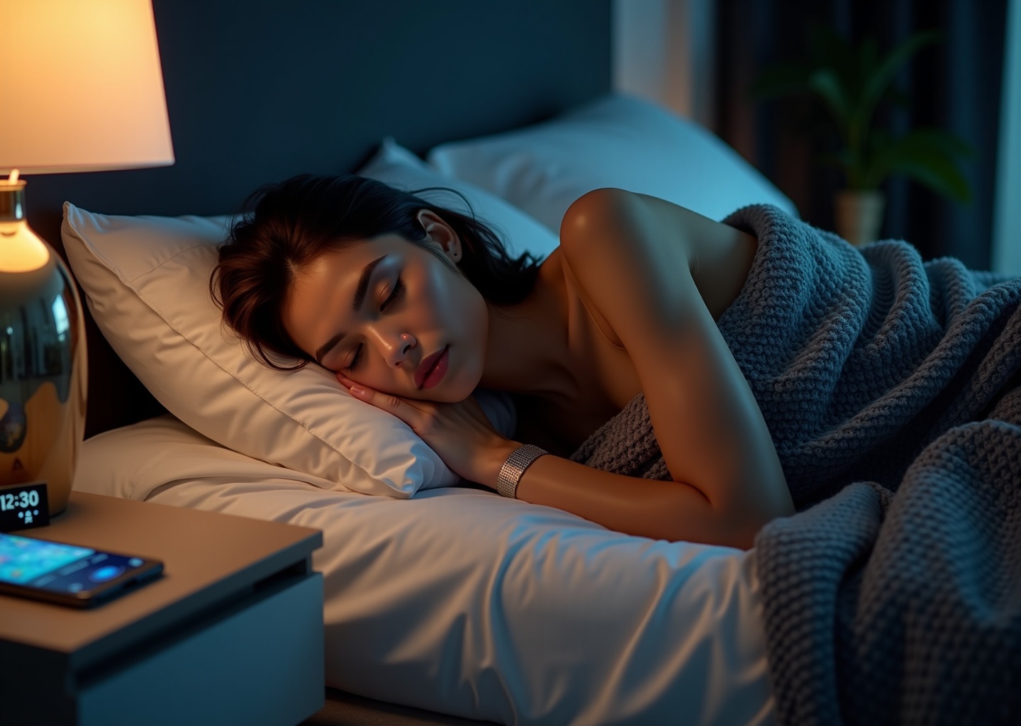 Adult sleeping peacefully under a charcoal weighted blanket in a calm, dimly lit bedroom with a CBT-I workbook and sleep app visible on the bedside table