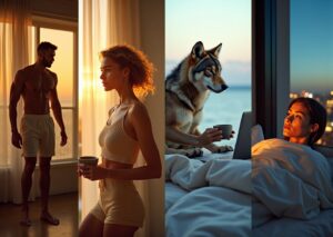 Collage of four diverse adults showing morning daytime evening and restless night scenes to represent Lion Bear Wolf and Dolphin chronotypes