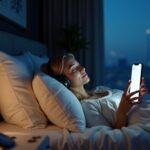 Person in bed at night wearing headphones and holding a phone with an ASMR app, bedside CBT‑I notepad and dim lamp illustrating sleep routine and relaxation
