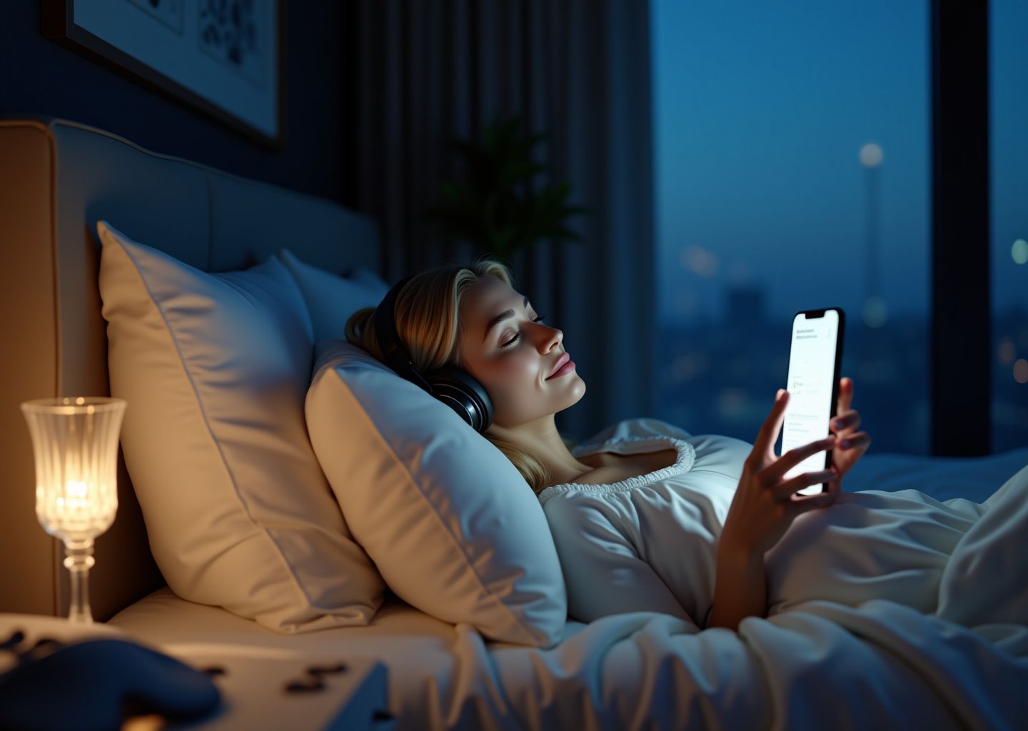 Person in bed at night wearing headphones and holding a phone with an ASMR app, bedside CBT‑I notepad and dim lamp illustrating sleep routine and relaxation