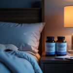 Bedside table with bottles labeled Magnesium Glycinate and Magnesium Citrate alongside an eye mask, glass of water, and a CBT-I checklist, warm nighttime lighting.