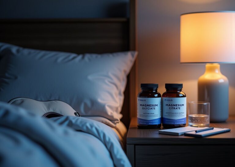 Bedside table with bottles labeled Magnesium Glycinate and Magnesium Citrate alongside an eye mask, glass of water, and a CBT-I checklist, warm nighttime lighting.