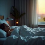 Person sleeping peacefully in a modern bedroom at dawn with clock and soft transition from blue night light to warm morning light, bedside phone face down and dim lamp