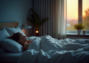 Person sleeping peacefully in a modern bedroom at dawn with clock and soft transition from blue night light to warm morning light, bedside phone face down and dim lamp