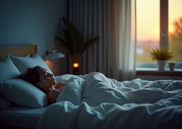 Person sleeping peacefully in a modern bedroom at dawn with clock and soft transition from blue night light to warm morning light, bedside phone face down and dim lamp