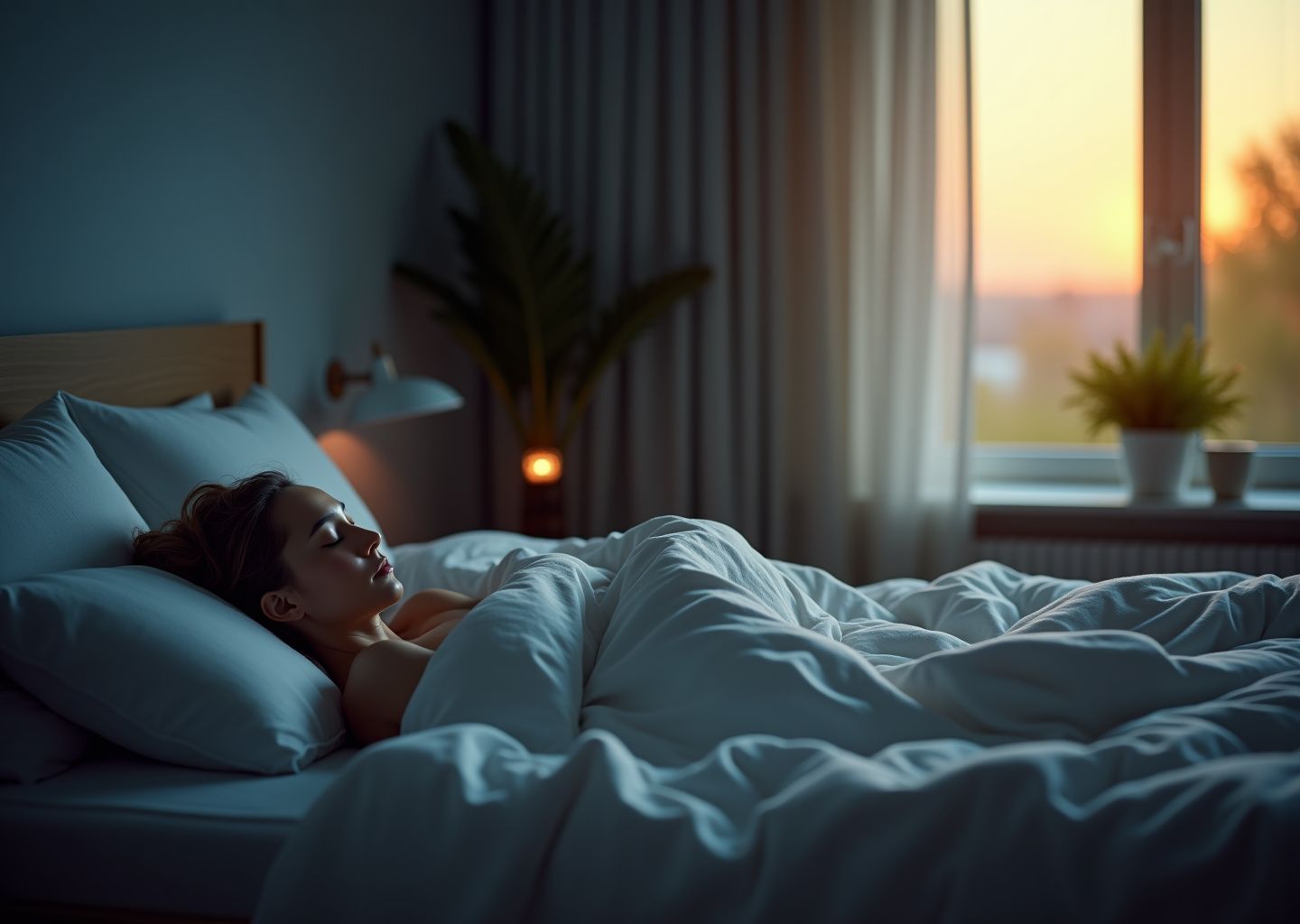 Person sleeping peacefully in a modern bedroom at dawn with clock and soft transition from blue night light to warm morning light, bedside phone face down and dim lamp